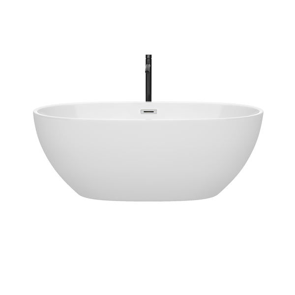 Wyndham Collection Juno 63 Inch Freestanding Bathtub in White with Floor Mounted Faucet, Drain and Overflow Trim - Luxe Bathroom Vanities