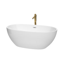 Wyndham Collection Juno 63 Inch Freestanding Bathtub in White with Floor Mounted Faucet, Drain and Overflow Trim - Luxe Bathroom Vanities