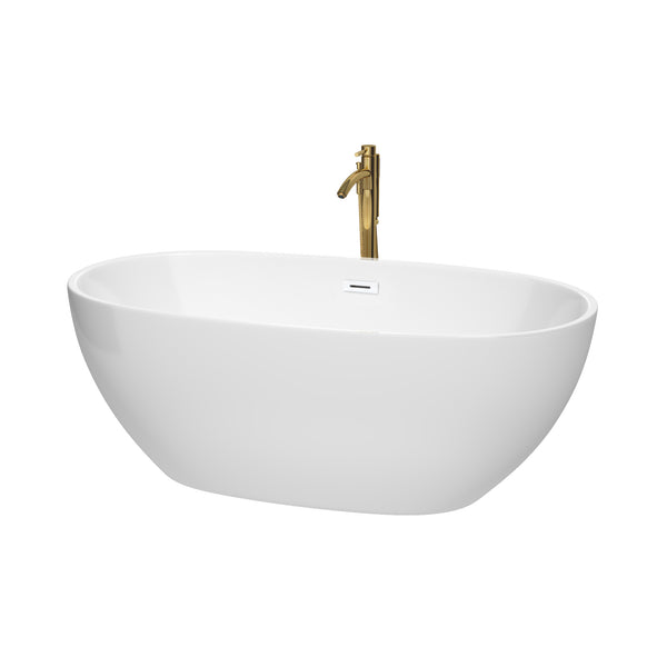 Wyndham Collection Juno 63 Inch Freestanding Bathtub in White with Floor Mounted Faucet, Drain and Overflow Trim - Luxe Bathroom Vanities