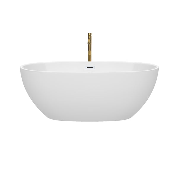 Wyndham Collection Juno 63 Inch Freestanding Bathtub in White with Floor Mounted Faucet, Drain and Overflow Trim - Luxe Bathroom Vanities