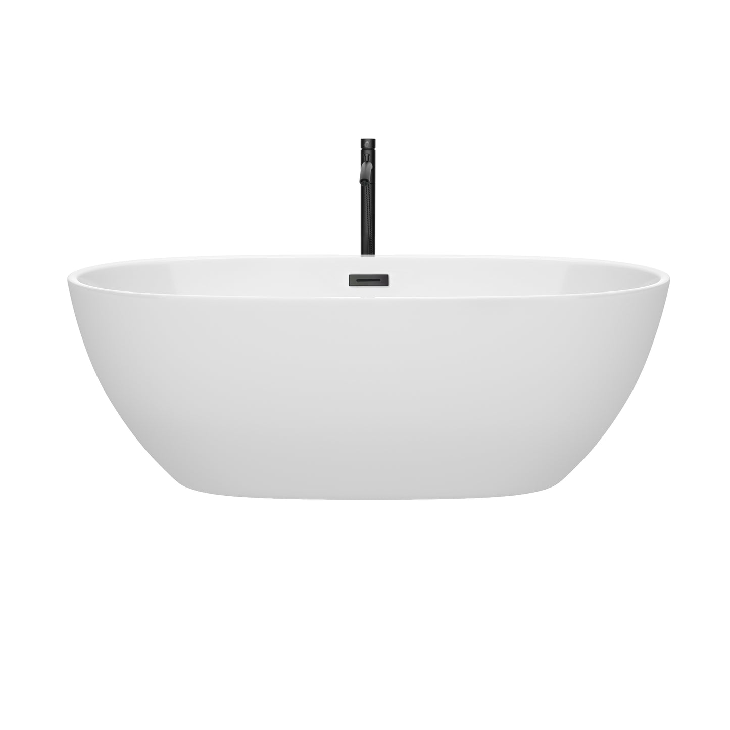 Wyndham Collection Juno 67 Inch Freestanding Bathtub in White with Floor Mounted Faucet, Drain and Overflow Trim in Matte Black - Luxe Bathroom Vanities