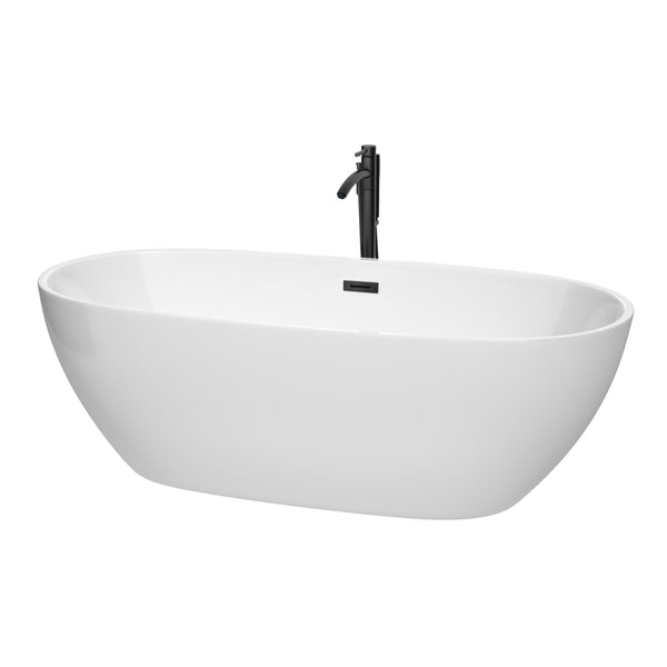 Wyndham Collection Juno 71 Inch Freestanding Bathtub in White with Floor Mounted Faucet, Drain and Overflow Trim in Matte Black - Luxe Bathroom Vanities
