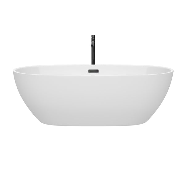 Wyndham Collection Juno 71 Inch Freestanding Bathtub in White with Floor Mounted Faucet, Drain and Overflow Trim in Matte Black - Luxe Bathroom Vanities