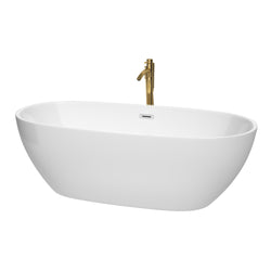 Wyndham Collection Juno 71 Inch Freestanding Bathtub in White with Floor Mounted Faucet, Drain and Overflow Trim - Luxe Bathroom Vanities