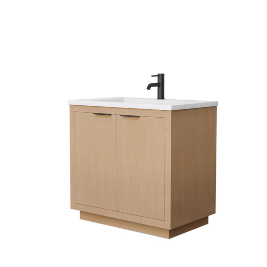 Wyndham Collection Maroni 36 Inch Single Bathroom Vanity in Light Straw, 1.25 Inch Thick Matte White Solid Surface Countertop, Integrated Sink, Matte Black Trim - Luxe Bathroom Vanities