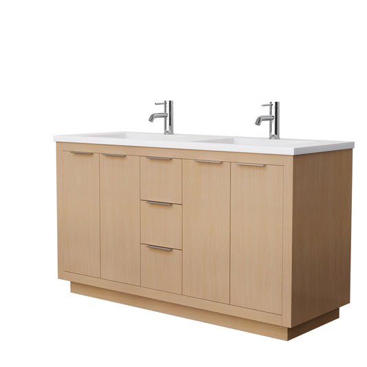 Wyndham Collection Maroni 60 Inch Double Bathroom Vanity in Light Straw, 1.25 Inch Thick Matte White Solid Surface Countertop, Integrated Sinks - Luxe Bathroom Vanities