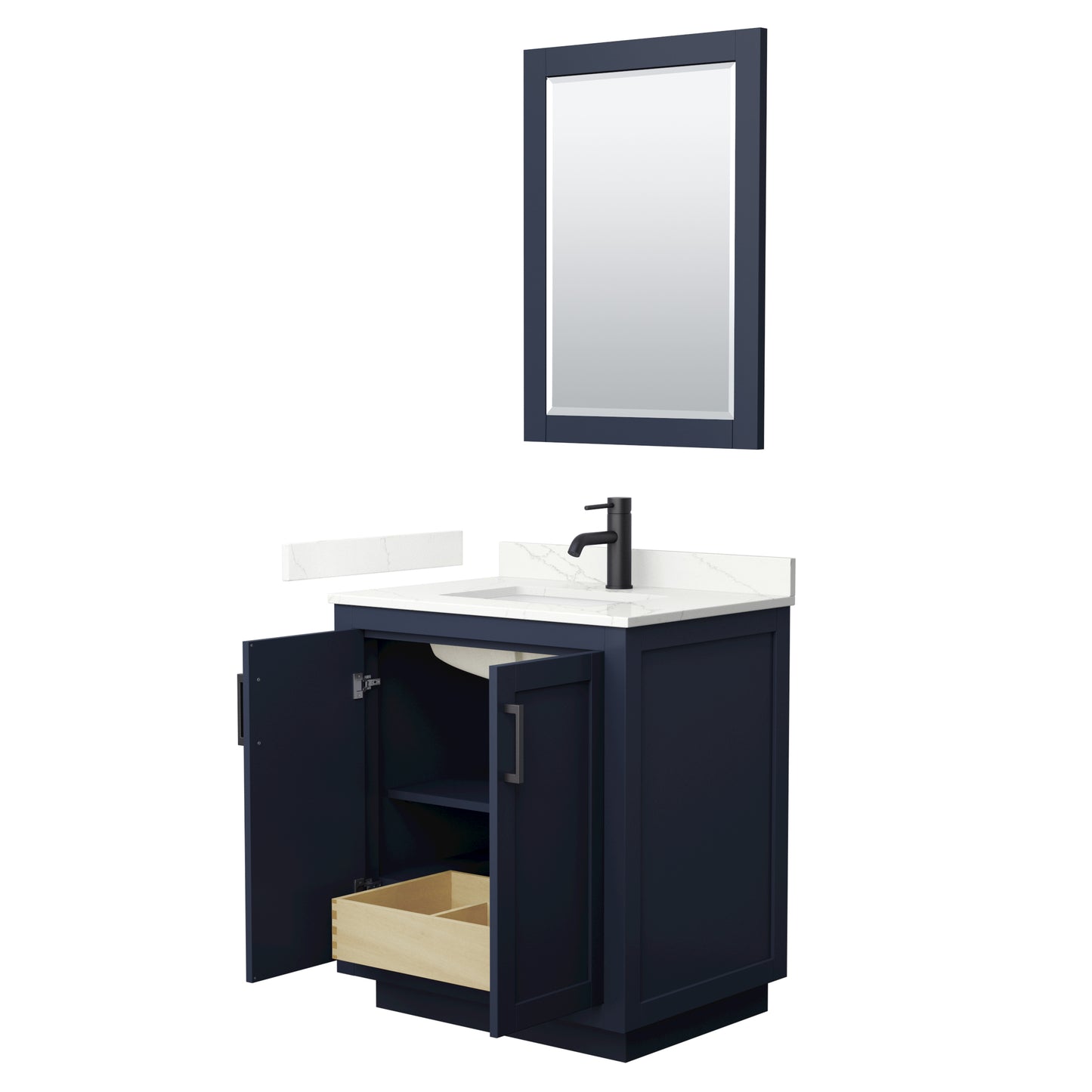 Wyndham Miranda 30 Inch Single Bathroom Vanity in Dark Blue, Quartz Countertop, Undermount Square Sink, Matte Black Trim - Luxe Bathroom Vanities