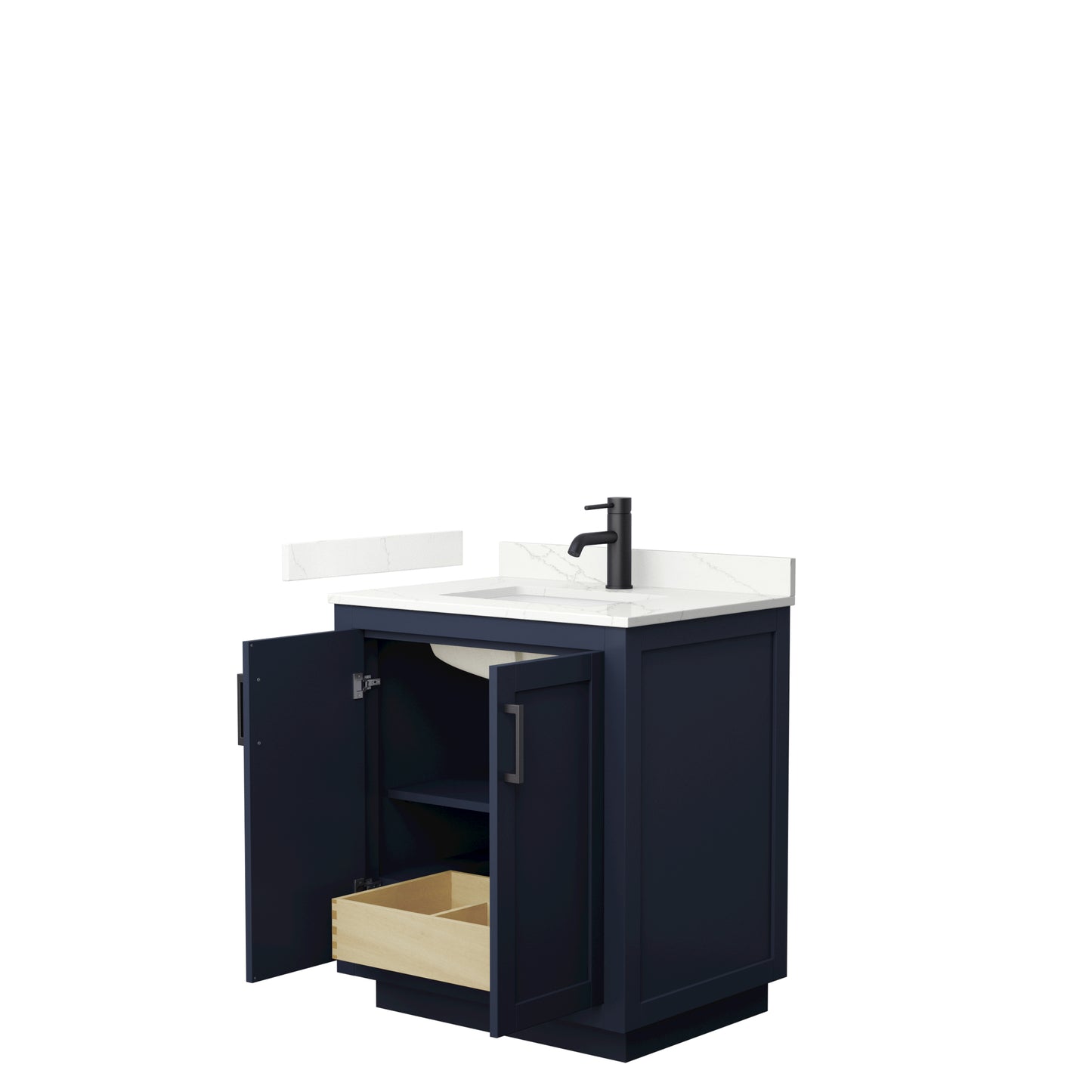 Wyndham Miranda 30 Inch Single Bathroom Vanity in Dark Blue, Quartz Countertop, Undermount Square Sink, Matte Black Trim - Luxe Bathroom Vanities