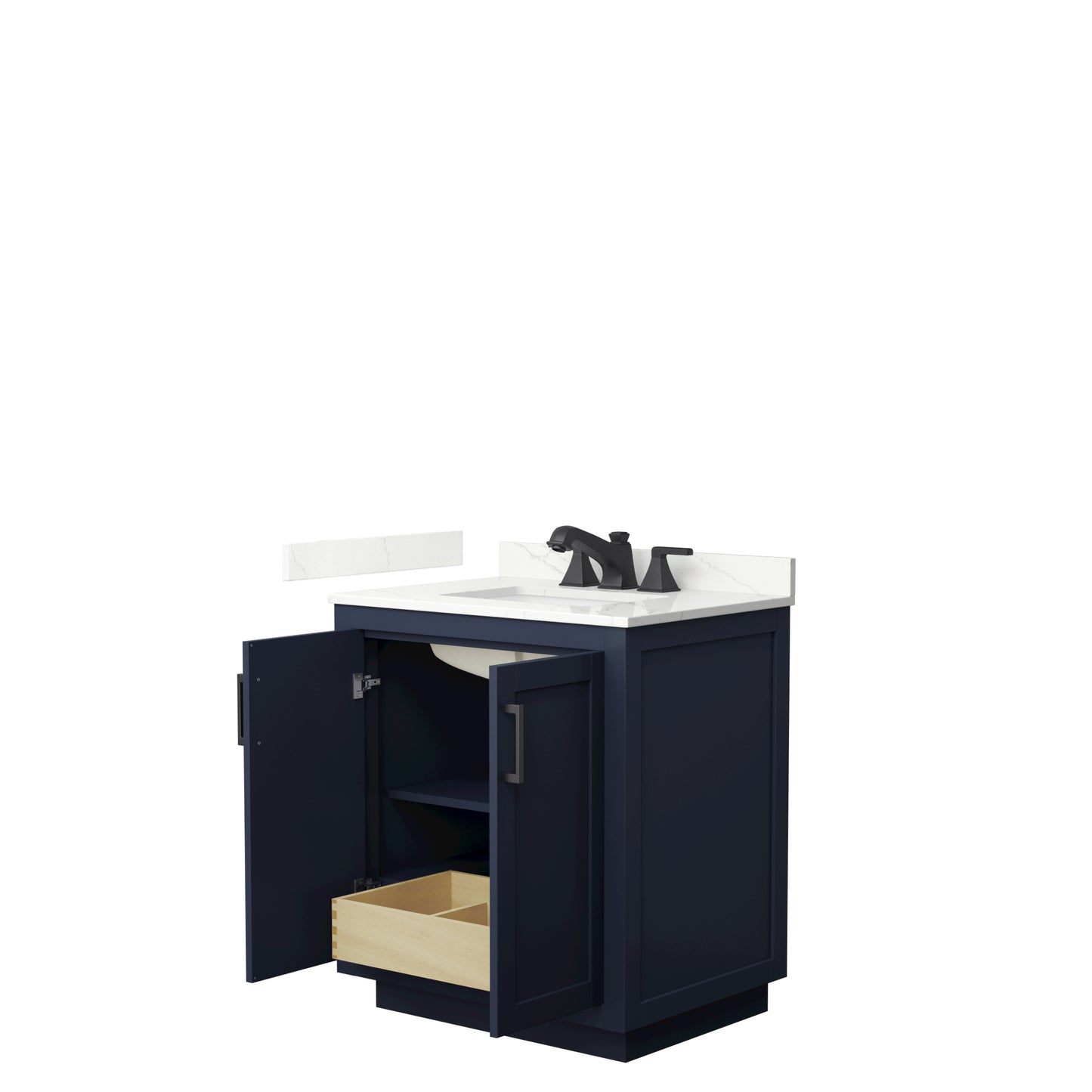 Wyndham Miranda 30 Inch Single Bathroom Vanity in Dark Blue, Quartz Countertop, Undermount Square Sink, Matte Black Trim - Luxe Bathroom Vanities