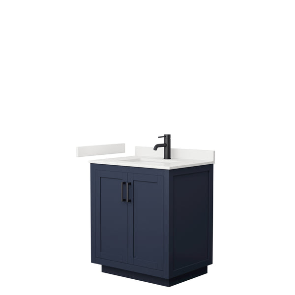 Wyndham Miranda 30 Inch Single Bathroom Vanity in Dark Blue, Quartz Countertop, Undermount Square Sink, Matte Black Trim - Luxe Bathroom Vanities