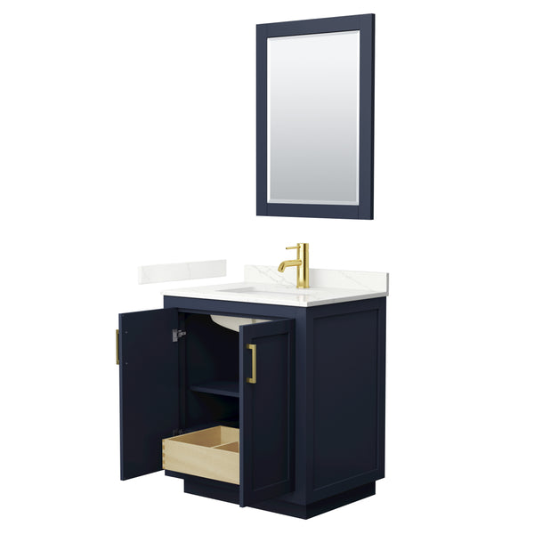 Wyndham Collection Miranda 30 Inch Single Bathroom Vanity in Dark Blue, Quartz Countertop, Undermount Square Sink, Brushed Gold Trim - Luxe Bathroom Vanities