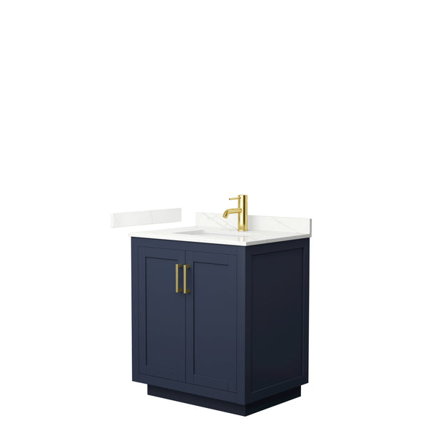 Wyndham Collection Miranda 30 Inch Single Bathroom Vanity in Dark Blue, Quartz Countertop, Undermount Square Sink, Brushed Gold Trim - Luxe Bathroom Vanities