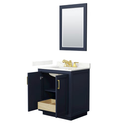 Wyndham Collection Miranda 30 Inch Single Bathroom Vanity in Dark Blue, Quartz Countertop, Undermount Square Sink, Brushed Gold Trim - Luxe Bathroom Vanities