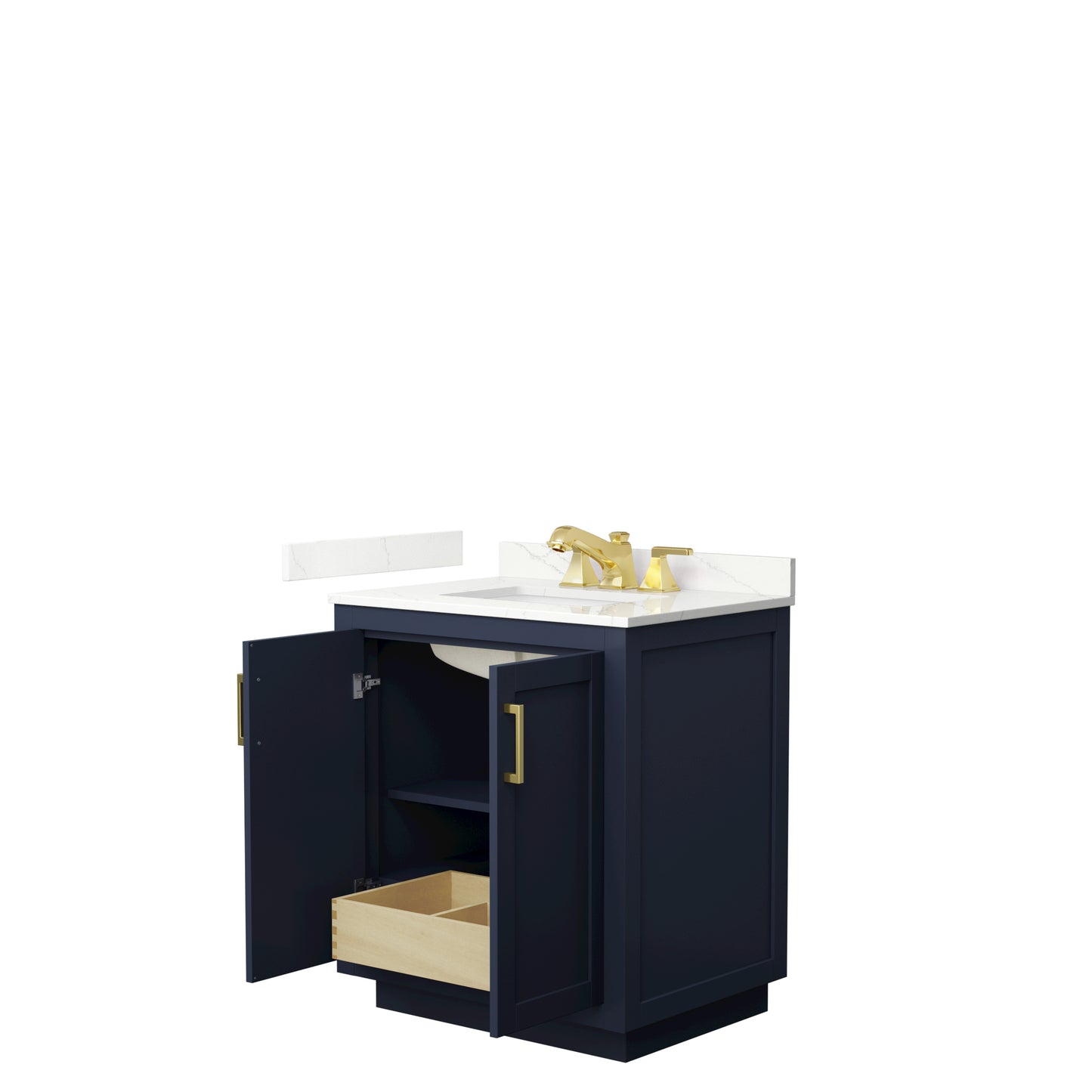 Wyndham Collection Miranda 30 Inch Single Bathroom Vanity in Dark Blue, Quartz Countertop, Undermount Square Sink, Brushed Gold Trim - Luxe Bathroom Vanities