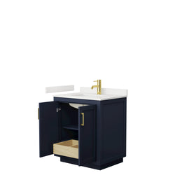 Wyndham Collection Miranda 30 Inch Single Bathroom Vanity in Dark Blue, Quartz Countertop, Undermount Square Sink, Brushed Gold Trim - Luxe Bathroom Vanities