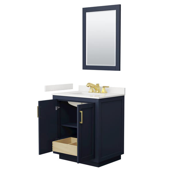 Wyndham Collection Miranda 30 Inch Single Bathroom Vanity in Dark Blue, Quartz Countertop, Undermount Square Sink, Brushed Gold Trim - Luxe Bathroom Vanities