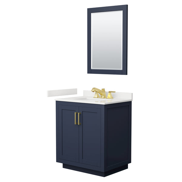 Wyndham Collection Miranda 30 Inch Single Bathroom Vanity in Dark Blue, Quartz Countertop, Undermount Square Sink, Brushed Gold Trim - Luxe Bathroom Vanities