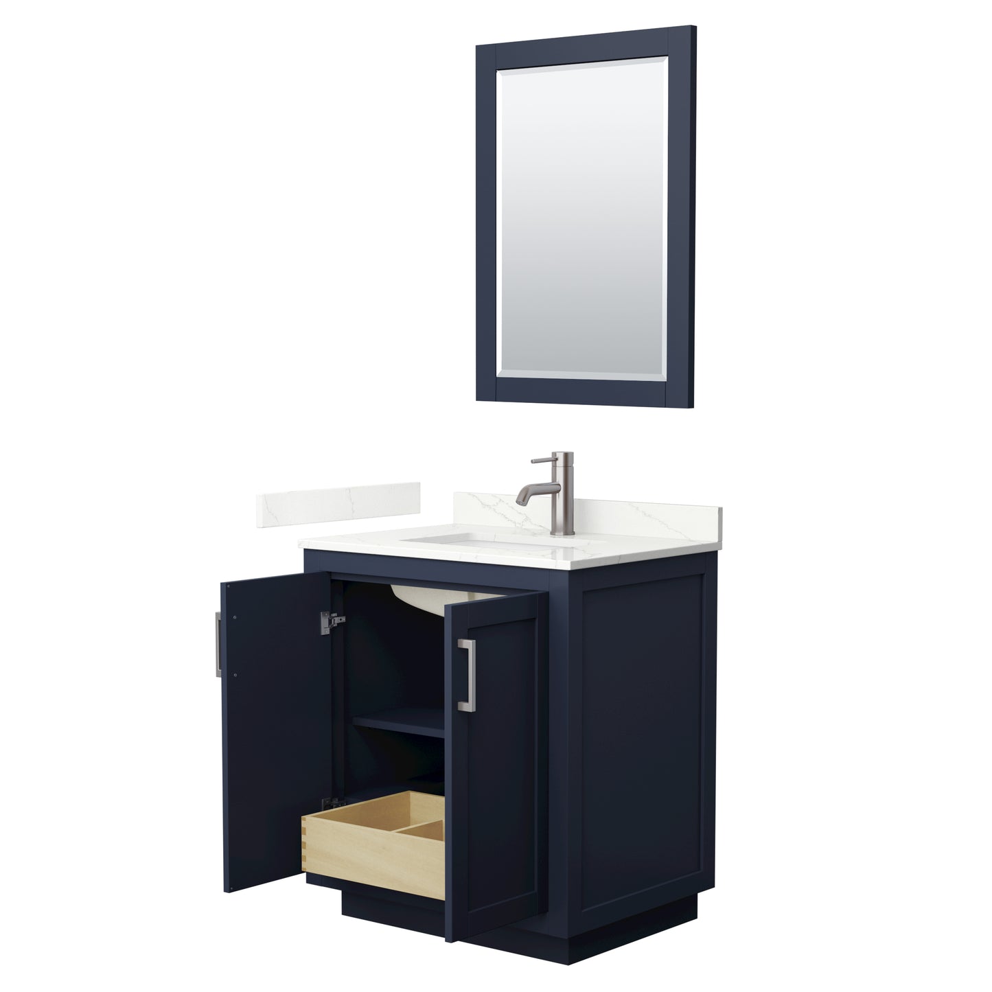 Wyndham Collection Miranda 30 Inch Single Bathroom Vanity in Dark Blue, Quartz Countertop, Undermount Square Sink, Brushed Nickel Trim - Luxe Bathroom Vanities