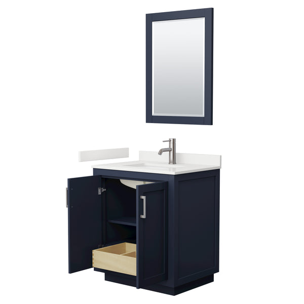 Wyndham Collection Miranda 30 Inch Single Bathroom Vanity in Dark Blue, Quartz Countertop, Undermount Square Sink, Brushed Nickel Trim - Luxe Bathroom Vanities