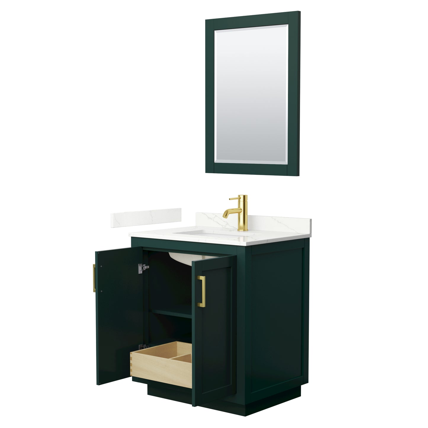 Wyndham Collection Miranda 30 Inch Single Bathroom Vanity in Green, Quartz Countertop, Undermount Square Sink, Brushed Gold Trim - Luxe Bathroom Vanities