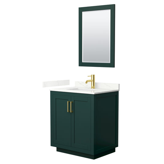 Wyndham Collection Miranda 30 Inch Single Bathroom Vanity in Green, Quartz Countertop, Undermount Square Sink, Brushed Gold Trim - Luxe Bathroom Vanities