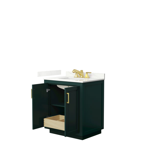 Wyndham Collection Miranda 30 Inch Single Bathroom Vanity in Green, Quartz Countertop, Undermount Square Sink, Brushed Gold Trim - Luxe Bathroom Vanities