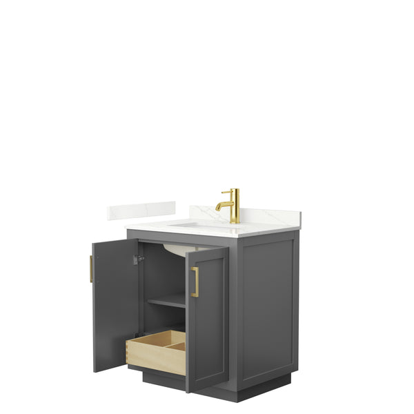 Wyndham Collection Miranda 30 Inch Single Bathroom Vanity in Dark Gray, Quartz Countertop, Undermount Square Sink, Brushed Gold Trim - Luxe Bathroom Vanities