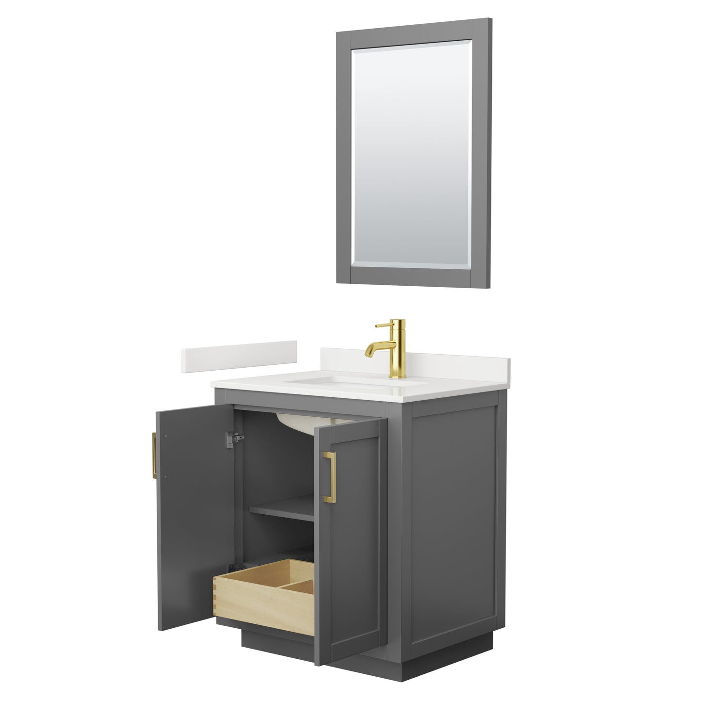 Wyndham Collection Miranda 30 Inch Single Bathroom Vanity in Dark Gray, Quartz Countertop, Undermount Square Sink, Brushed Gold Trim - Luxe Bathroom Vanities