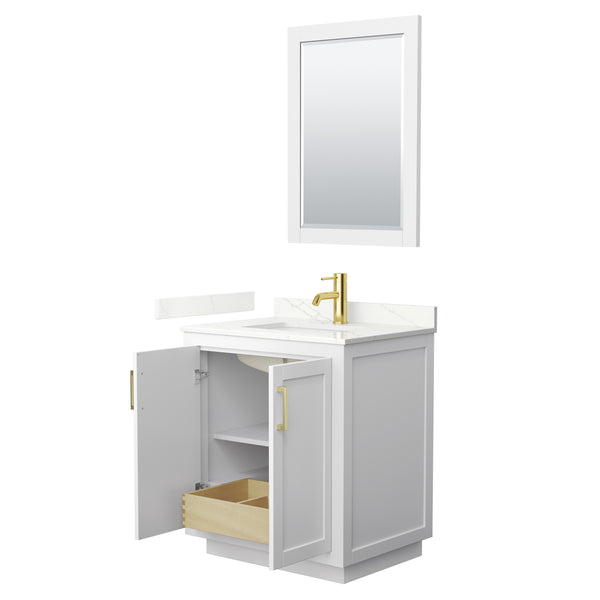 Wyndham Collection Miranda 30 Inch Single Bathroom Vanity in White, Quartz Countertop, Undermount Square Sink, Brushed Gold Trim - Luxe Bathroom Vanities