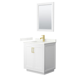 Wyndham Collection Miranda 30 Inch Single Bathroom Vanity in White, Quartz Countertop, Undermount Square Sink, Brushed Gold Trim - Luxe Bathroom Vanities