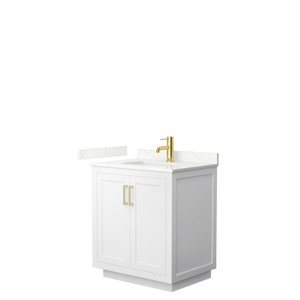 Wyndham Collection Miranda 30 Inch Single Bathroom Vanity in White, Quartz Countertop, Undermount Square Sink, Brushed Gold Trim - Luxe Bathroom Vanities