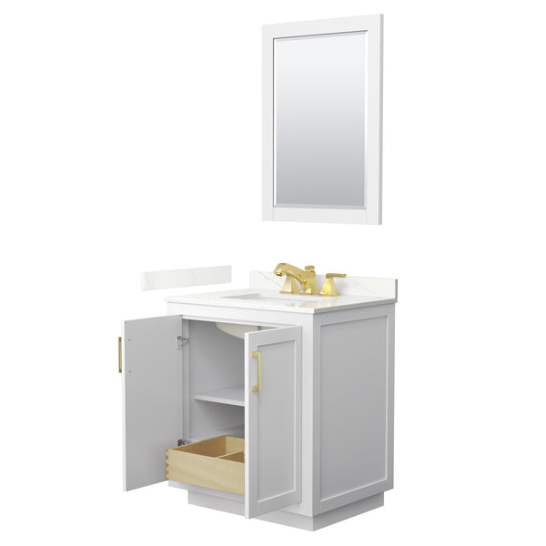 Wyndham Collection Miranda 30 Inch Single Bathroom Vanity in White, Quartz Countertop, Undermount Square Sink, Brushed Gold Trim - Luxe Bathroom Vanities