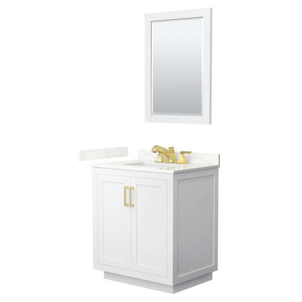 Wyndham Collection Miranda 30 Inch Single Bathroom Vanity in White, Quartz Countertop, Undermount Square Sink, Brushed Gold Trim - Luxe Bathroom Vanities