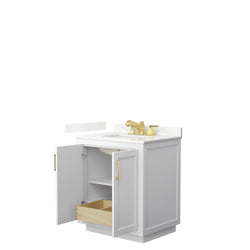 Wyndham Collection Miranda 30 Inch Single Bathroom Vanity in White, Quartz Countertop, Undermount Square Sink, Brushed Gold Trim - Luxe Bathroom Vanities