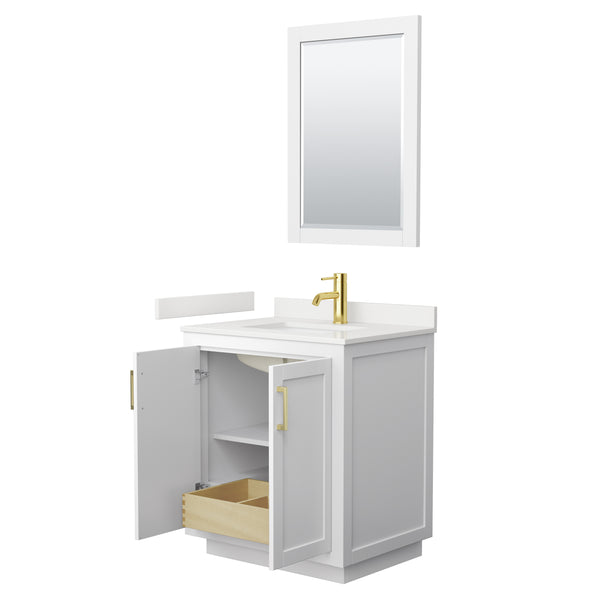 Wyndham Collection Miranda 30 Inch Single Bathroom Vanity in White, Quartz Countertop, Undermount Square Sink, Brushed Gold Trim - Luxe Bathroom Vanities