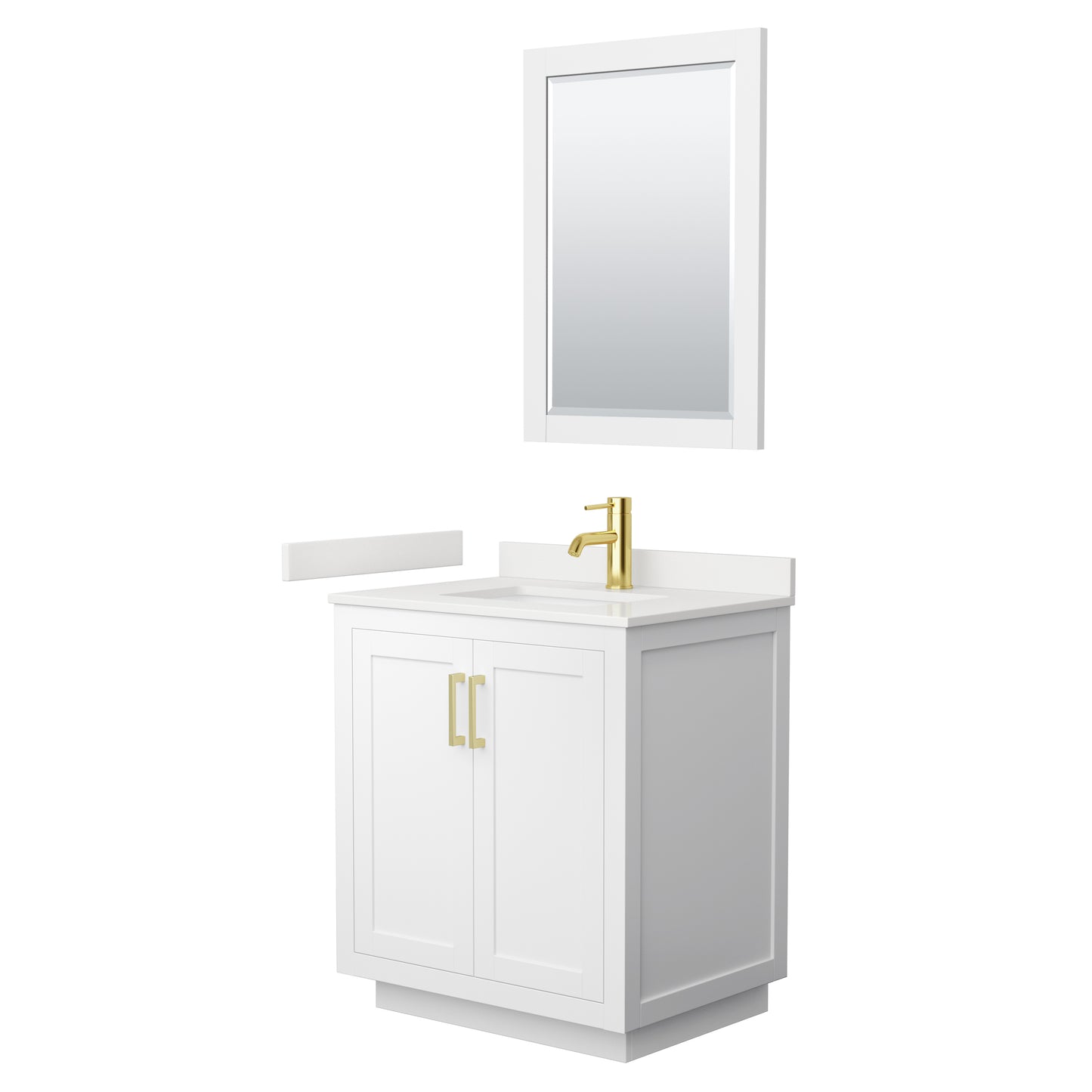 Wyndham Collection Miranda 30 Inch Single Bathroom Vanity in White, Quartz Countertop, Undermount Square Sink, Brushed Gold Trim - Luxe Bathroom Vanities