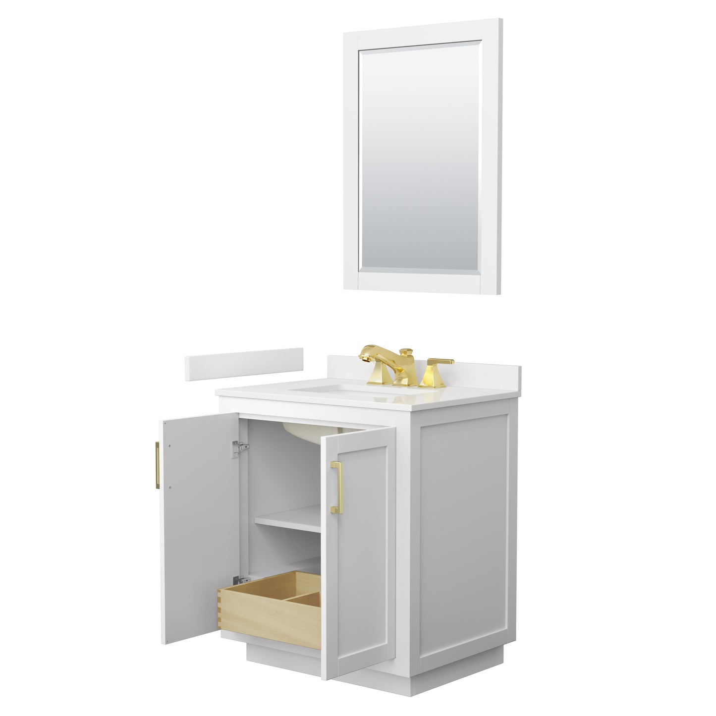 Wyndham Collection Miranda 30 Inch Single Bathroom Vanity in White, Quartz Countertop, Undermount Square Sink, Brushed Gold Trim - Luxe Bathroom Vanities