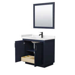 Wyndham Collection Miranda 36 Inch Single Bathroom Vanity in Dark Blue, Marble Countertop, Undermount Square Sink, Matte Black Trim, 34 Inch Mirror - Luxe Bathroom Vanities