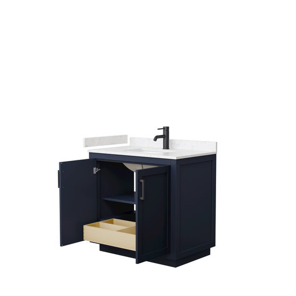 Wyndham Collection Miranda 36 Inch Single Bathroom Vanity in Dark Blue, Marble Countertop, Undermount Square Sink, Matte Black Trim, 34 Inch Mirror - Luxe Bathroom Vanities