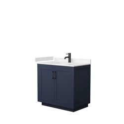 Wyndham Collection Miranda 36 Inch Single Bathroom Vanity in Dark Blue, Marble Countertop, Undermount Square Sink, Matte Black Trim, 34 Inch Mirror - Luxe Bathroom Vanities