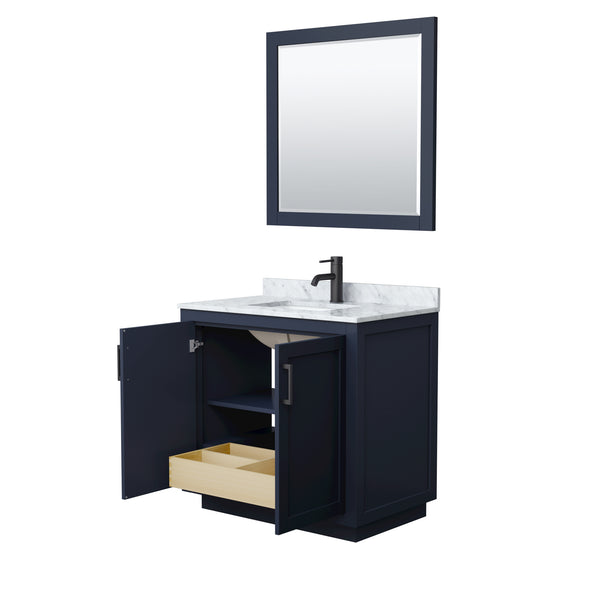 Wyndham Collection Miranda 36 Inch Single Bathroom Vanity in Dark Blue, Marble Countertop, Undermount Square Sink, Matte Black Trim, 34 Inch Mirror - Luxe Bathroom Vanities