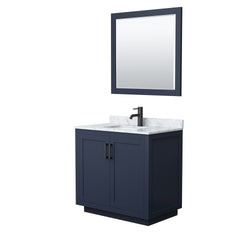 Wyndham Collection Miranda 36 Inch Single Bathroom Vanity in Dark Blue, Marble Countertop, Undermount Square Sink, Matte Black Trim, 34 Inch Mirror - Luxe Bathroom Vanities