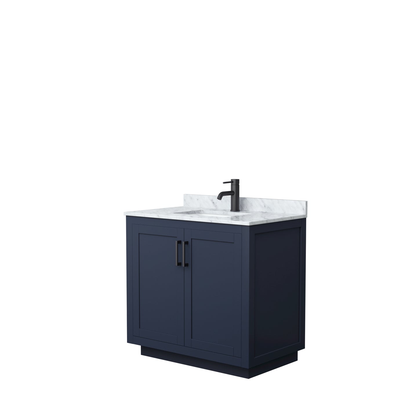 Wyndham Collection Miranda 36 Inch Single Bathroom Vanity in Dark Blue, Marble Countertop, Undermount Square Sink, Matte Black Trim, 34 Inch Mirror - Luxe Bathroom Vanities