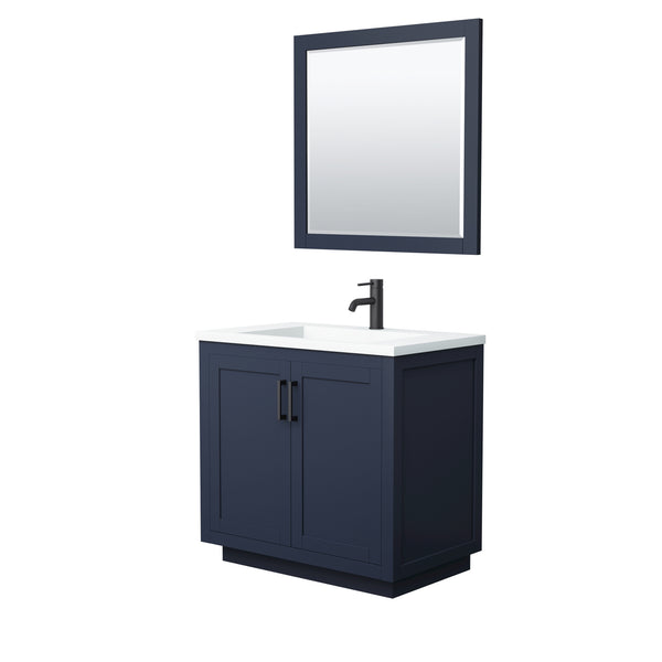 Wyndham Collection Miranda 36 Inch Single Bathroom Vanity in Dark Blue, 1.25 Inch Thick Matte White Solid Surface Countertop, Integrated Sink, Matte Black Trim, 34 Inch Mirror - Luxe Bathroom Vanities