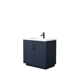 Wyndham Collection Miranda 36 Inch Single Bathroom Vanity in Dark Blue, 1.25 Inch Thick Matte White Solid Surface Countertop, Integrated Sink, Matte Black Trim, 34 Inch Mirror - Luxe Bathroom Vanities