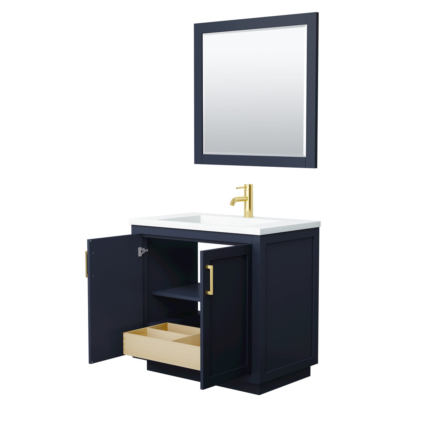 Wyndham Collection Miranda 36 Inch Single Bathroom Vanity in Dark Blue, 1.25 Inch Thick Matte White Solid Surface Countertop, Integrated Sink, Brushed Gold Trim, 34 Inch Mirror - Luxe Bathroom Vanities