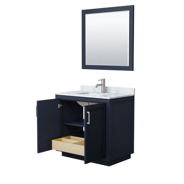 Wyndham Collection Miranda 36 Inch Single Bathroom Vanity in Dark Blue, Marble Countertop, Undermount Square Sink, Brushed Nickel Trim, 34 Inch Mirror - Luxe Bathroom Vanities