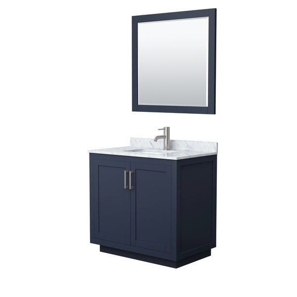 Wyndham Collection Miranda 36 Inch Single Bathroom Vanity in Dark Blue, Marble Countertop, Undermount Square Sink, Brushed Nickel Trim, 34 Inch Mirror - Luxe Bathroom Vanities