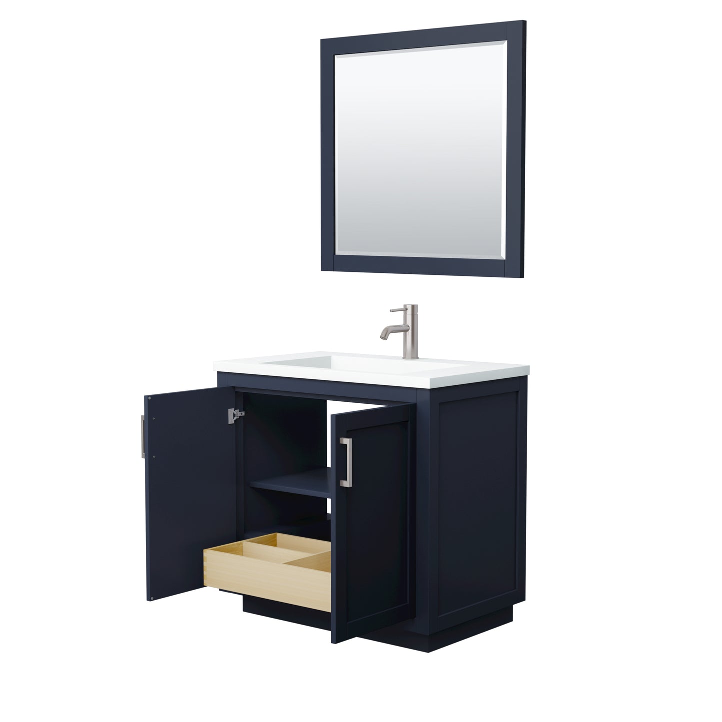 Wyndham Collection Miranda 36 Inch Single Bathroom Vanity in Dark Blue, 1.25 Inch Thick Matte White Solid Surface Countertop, Integrated Sink, Brushed Nickel Trim, 34 Inch Mirror - Luxe Bathroom Vanities