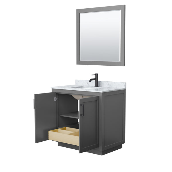 Wyndham Collection Miranda 36 Inch Single Bathroom Vanity in Dark Gray, Marble Countertop, Undermount Square Sink, Matte Black Trim, 34 Inch Mirror - Luxe Bathroom Vanities